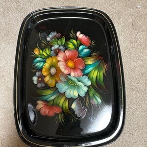 Vtg Soviet Russia black metal hand painted tray with floral design